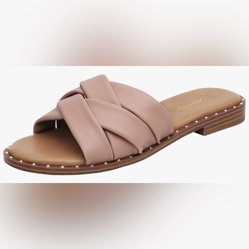 DREAM PAIRS Women' s Cute Slip On Studded Flat Slides Sandals, size 8 blush pink